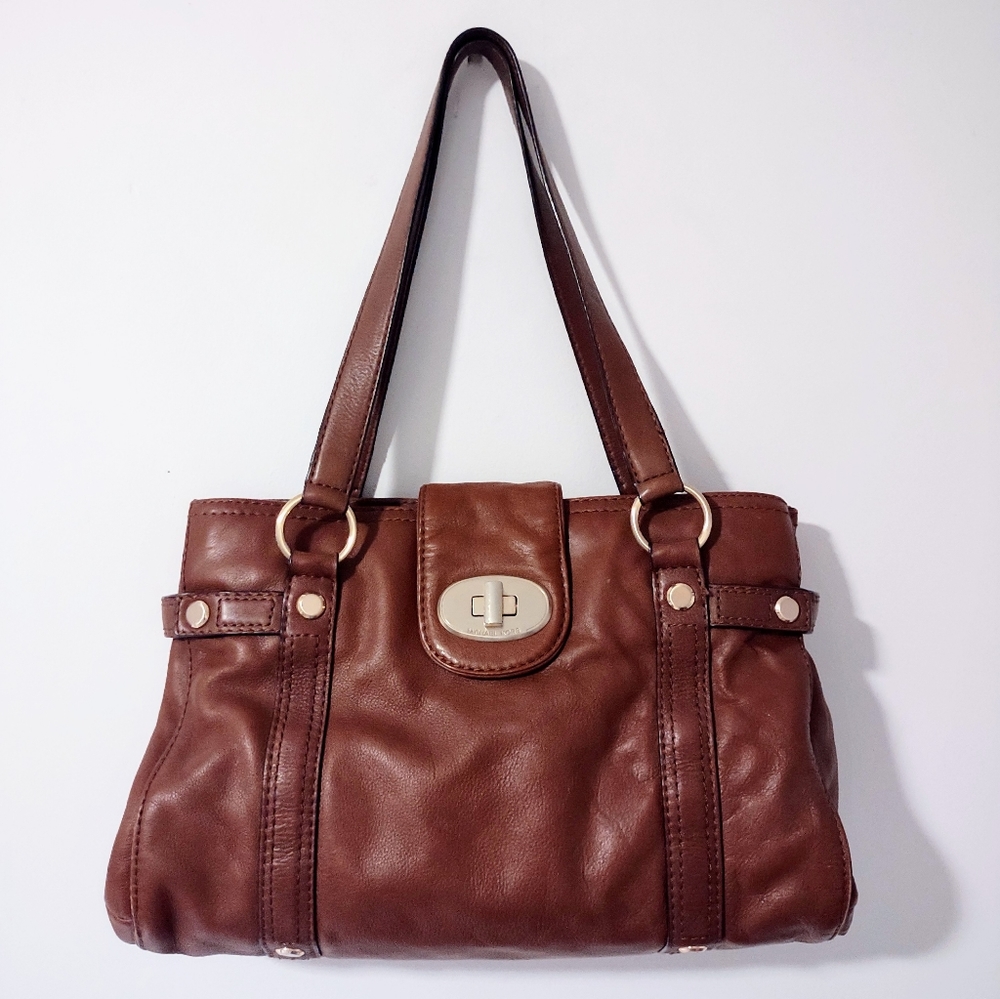 Vintage Michael Kors Genuine British Tan Leather Turnlock Satchel Tote Bag